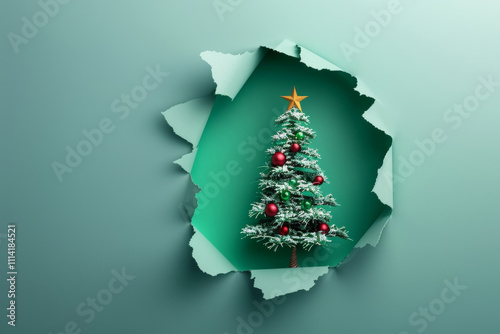 Three-dimensional Christmas tree peeking out of a paper hole, advertising banner, New Year's concept
