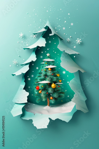 Three-dimensional Christmas tree peeking out of a paper hole, advertising banner, New Year's concept