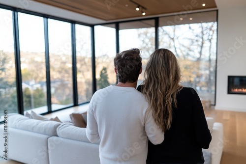 A cozy modern living room scene featuring a couple gazing out at the stunning sunset, surrounded by large glass windows that showcase the serene landscape beyond.