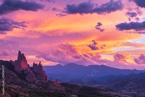 Vibrant sunset paints the sky above jagged rock formations