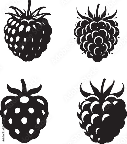 Raspberry Silhouette Icons - Black Berry Fruit and Organic Design Set