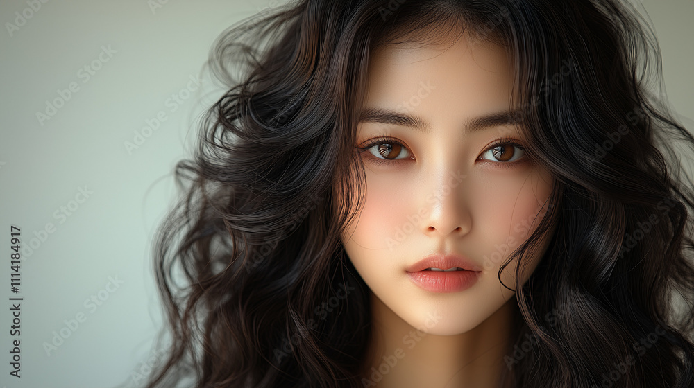 Captivating portrait of a young Korean woman with beautiful wavy hair captured in a soft light setting Captivating portrait of a young Korean woman with beautiful wavy hair captured in a soft light setting