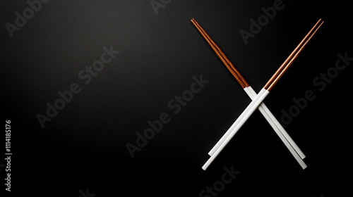 Two crossed chopsticks on a black background,Top-down view, high resolution