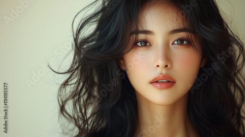 Captivating portrait of a young Korean woman with flowing hair against a soft backdrop