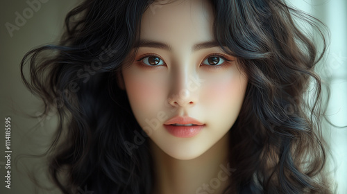 Captivating portrait of a young Korean woman with curly black hair in soft lighting