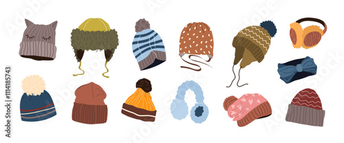 Winter hats set. Wool caps, knitted beanie, ear warmer, earmuffs, hat with earflaps and pompon for men, women and kids. Fashion head accessories, warm garments. Isolated flat vector illustrations.