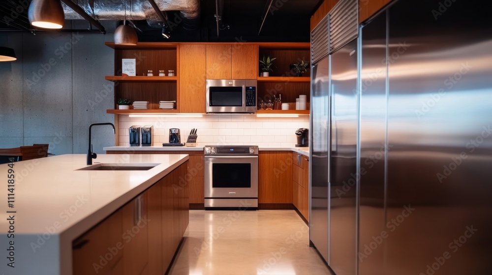 Modern kitchen with sleek appliances and wooden cabinetry, designed for functionality and style. Modern kitchen with sleek appliances and wooden cabinetry, designed for functionality and style.