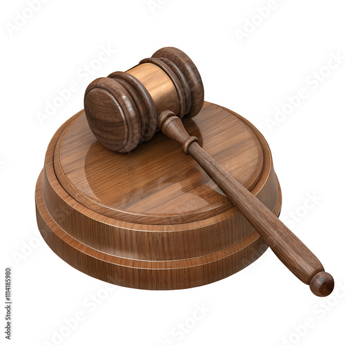 Wooden gavel isolated on white background, symbol of law, justice, judgment, legal decision, courtroom authority, lawyer tool, auction hammer, punishment, rule, jurisdiction, and order PNG download photo