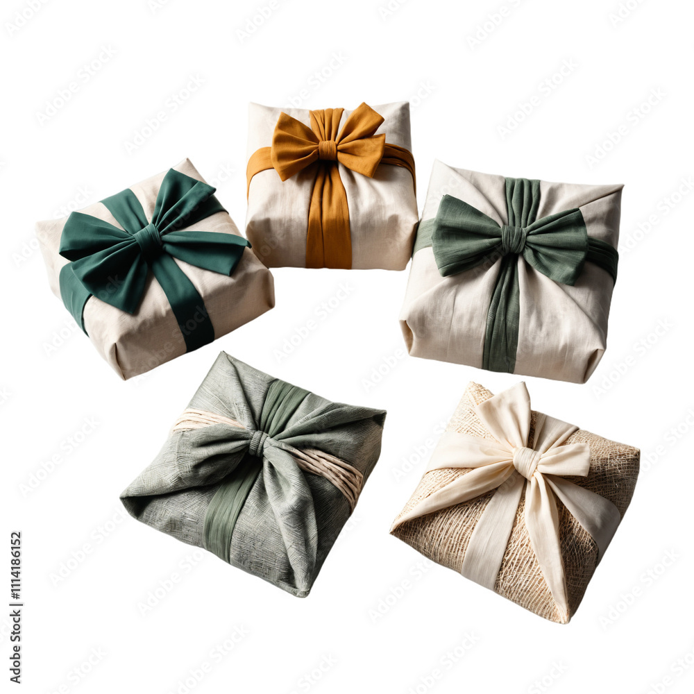 Set of 5 Furoshiki-Wrapped Gift Boxes with Natural Fibers and Simple Bows, Isolated on Transparent Background Set of 5 Furoshiki-Wrapped Gift Boxes with Natural Fibers and Simple Bows, Isolated on Transparent Background