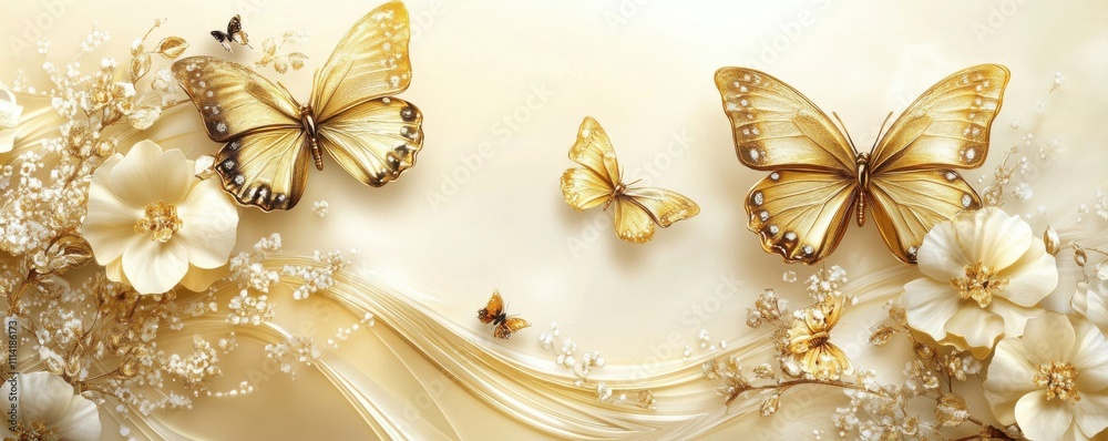 Golden butterflies fluttering among delicate wildflowers in sunlight Golden butterflies fluttering among delicate wildflowers in sunlight