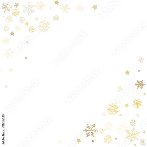 Christmas snowflakes corner background. Winter gold snow falling decoration, greeting card. Noel subtle Vector illustration