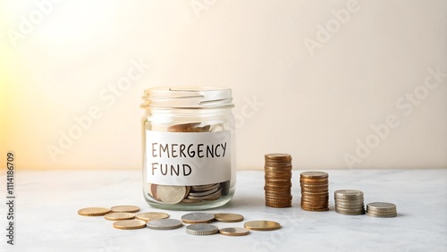 Emergency fund jar with loose coins and bills on wooden table