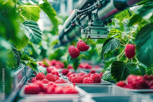 Autonomous berry-picking machines in a greenhouse, sorting ripe raspberries into containers. AI algorithms analyze plant growth and adjust lighting for maximum yield. 
