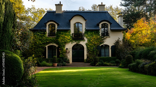 Romantic French Provincial Chateau with Mansard Roof and Formal Gardens, Elegant Connecticut Estate with Classic European Architecture and Stone Facade, Luxury Country Manor Design photo