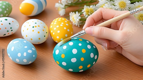 Hand painting colorful easter eggs with polka dot patterns photo