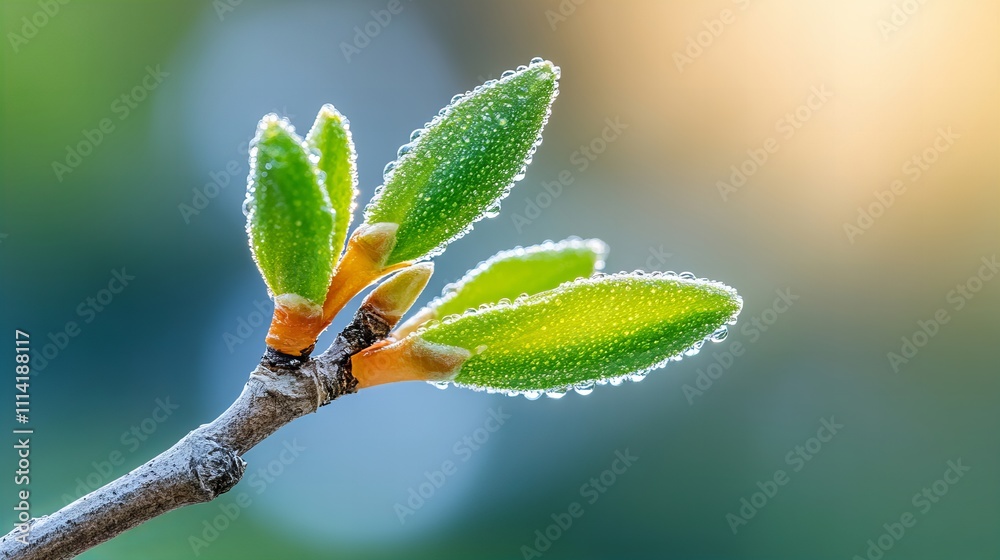 Close-up of dew-covered fresh green buds on a spring morning Close-up of dew-covered fresh green buds on a spring morning