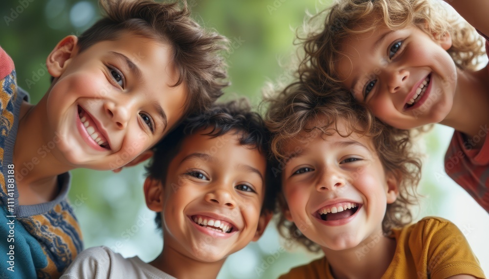 Four cheerful children, with bright smiles and sparkling eyes, gather closely, radiating pure joy against a lush green backdrop. Their diverse features and playful expressions capture the essence of Four cheerful children, with bright smiles and sparkling eyes, gather closely, radiating pure joy against a lush green backdrop. Their diverse features and playful expressions capture the essence of
