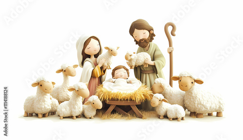 Holy Family Nativity Scene:  Adorable hand-painted figurines of Mary, Joseph, baby Jesus, and lambs create a heartwarming Christmas nativity scene. Perfect for holiday cards, decorations. photo