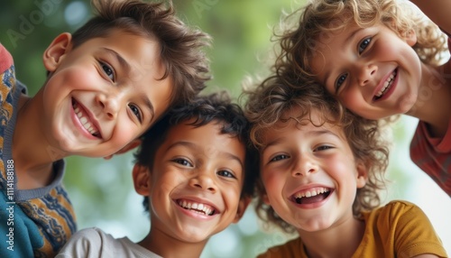 Four cheerful children, with bright smiles and sparkling eyes, gather closely, radiating pure joy against a lush green backdrop. Their diverse features and playful expressions capture the essence of