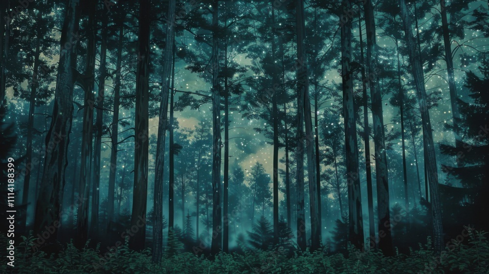 A Serene Forest Painting With Tall Trees A Serene Forest Painting With Tall Trees