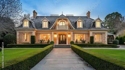 Romantic French Provincial Chateau with Mansard Roof and Formal Gardens, Elegant Connecticut Estate with Classic European Architecture and Stone Facade, Luxury Country Manor Design photo