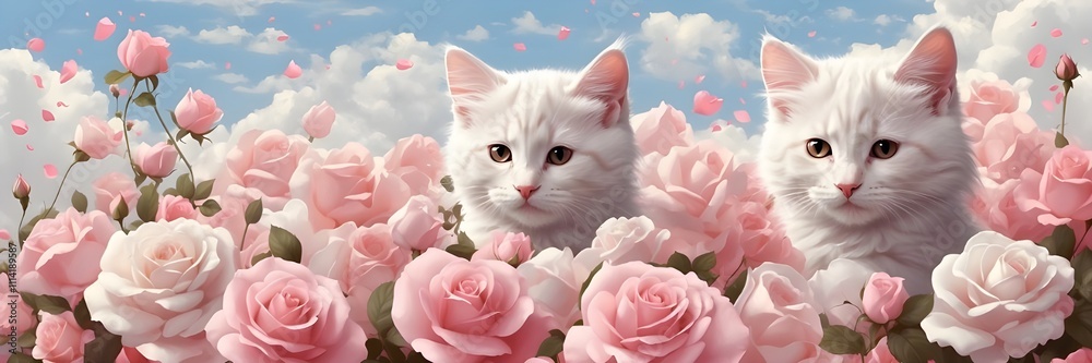 Lindo gatito blanco entre nubes de algodon rosas y blancas.Ilustracion de IA generativa Lindo gatito blanco entre nubes de algodon rosas y blancas.Ilustracion de IA generativa