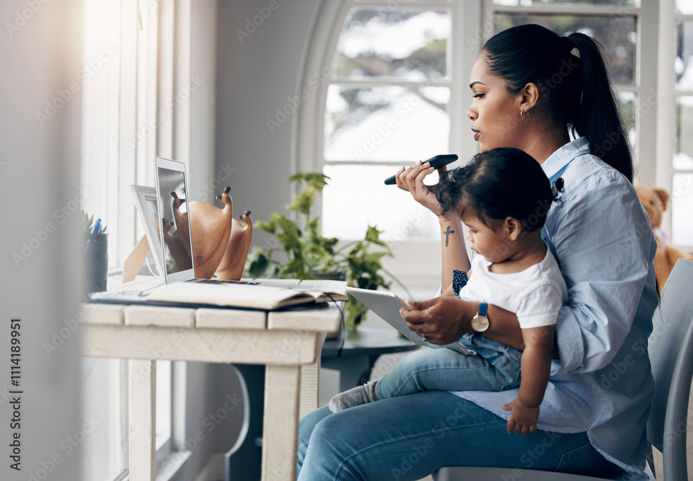 Obraz premium Remote work, child and mother with laptop for phone call, article questions and voice note for publication. Freelancer, girl or woman as journalist for multitasking, mobile speaker or tablet for baby