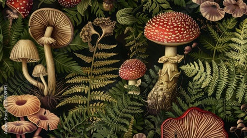 Detailed botanical illustration with plants and mushrooms