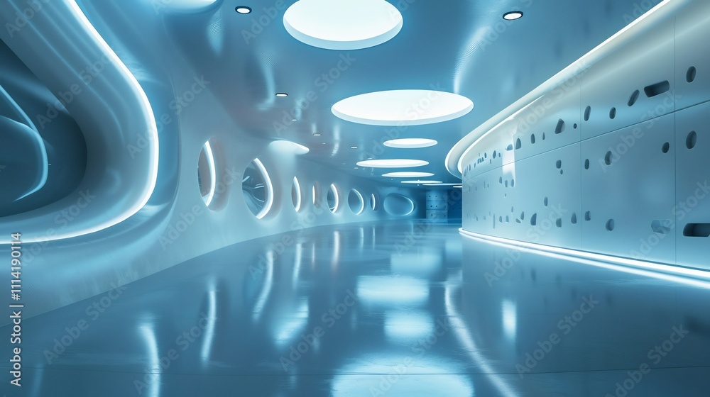 Futuristic Corridor with Circular Windows and Blue Lighting Futuristic Corridor with Circular Windows and Blue Lighting