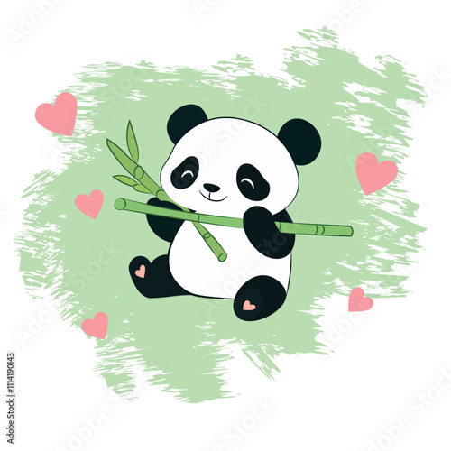 Cute Panda Eating Bamboo with Heart Elements Vector Art