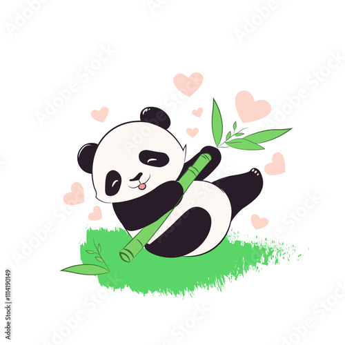 Cute Panda Eating Bamboo with Heart Elements Vector Art