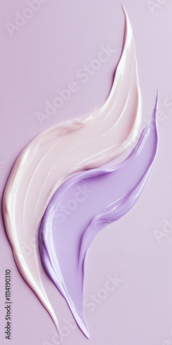Vertical flat lay, top view: Serum, cream, creamy cosmetic product, pastel colors smear, three swatches smudges. Wallpaper, lavender pastel background, premium skincare products, beauty.