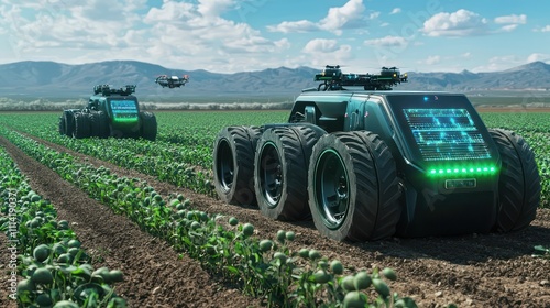 Futuristic solar-powered tractors planting potatoes in a semi-arid field. Soil sensors and drones ensure optimal hydration while AI predicts yield based on real-time data. 