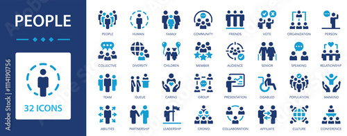 People flat icons collection. Relationships and communication between people. Human, team, group, community, senior , friends, population.