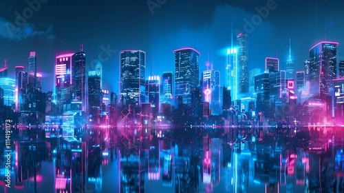 Neon Cityscape: Futuristic Nightscape with Vibrant Reflections