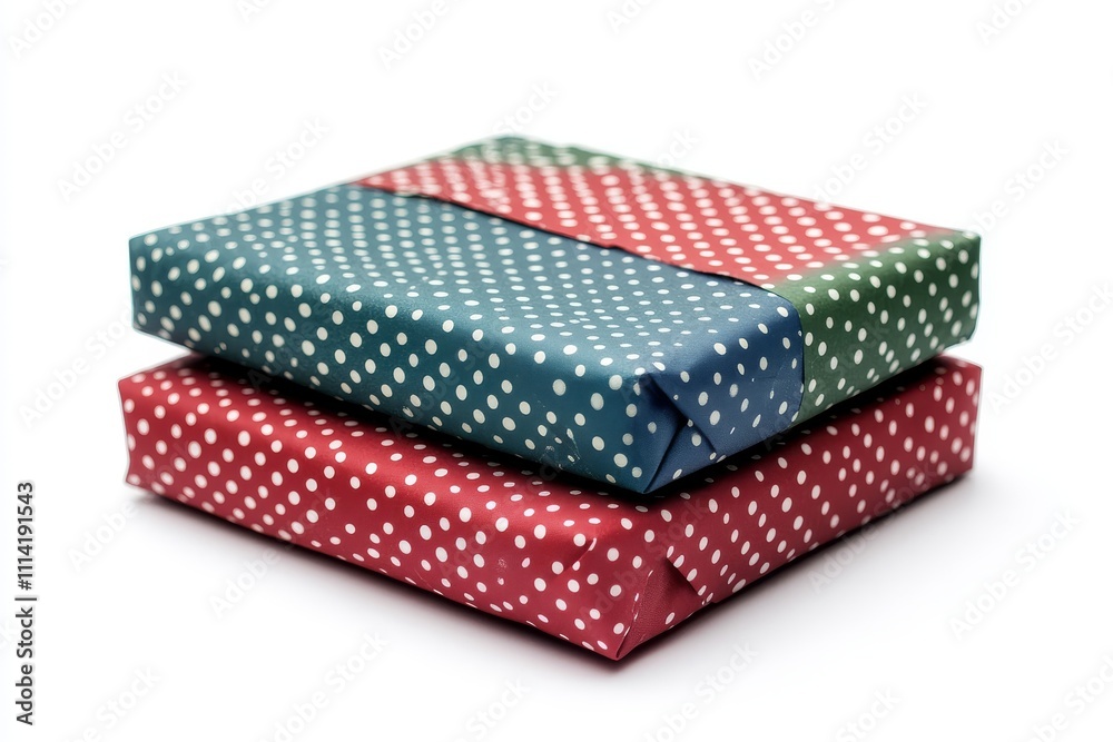 Colorful Christmas gifts wrapped in red, green, and blue polka dot paper on white background. Holiday gift wrapping concept.
