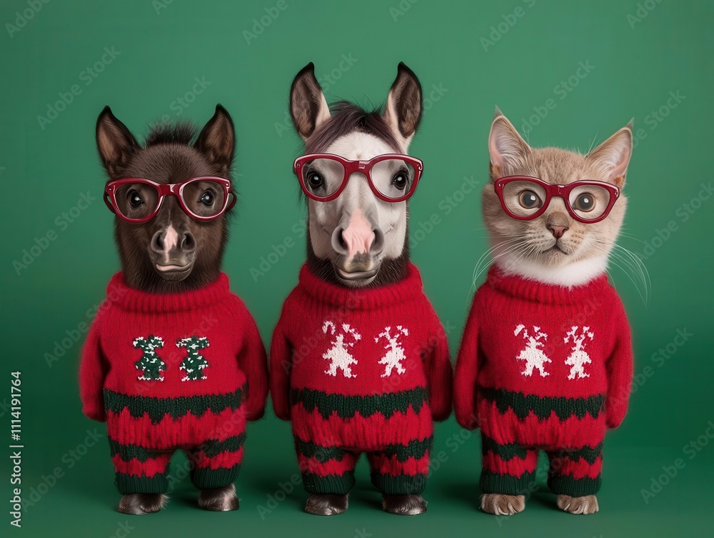 Fototapeta premium Three adorable pets-two dressed horses and a cat-wear festive red sweaters and glasses against a vibrant green background.