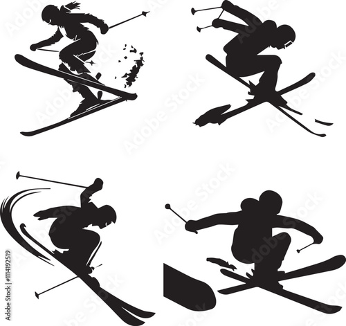 Skier Silhouette Icons - Black Winter Sports and Skiing Action Design Set