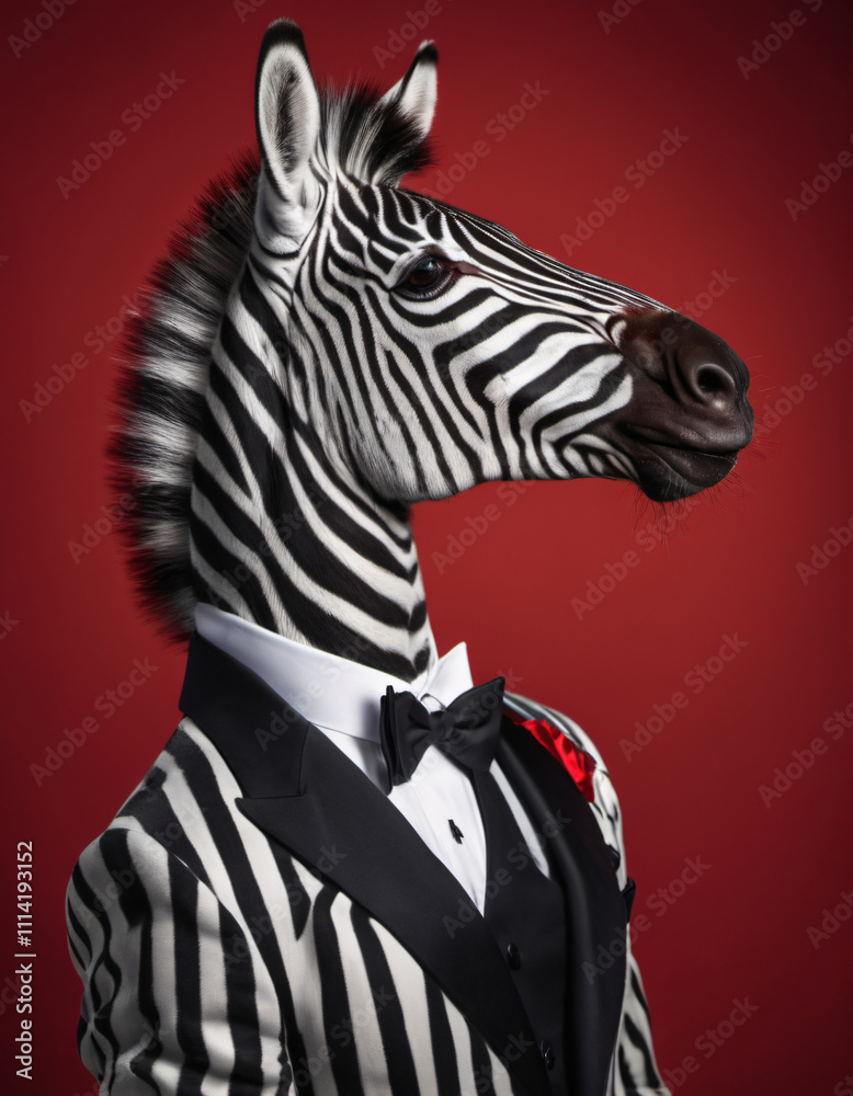 Zebra Dressed in Formal Attire Poses With Elegance Against a Red Background Zebra Dressed in Formal Attire Poses With Elegance Against a Red Background