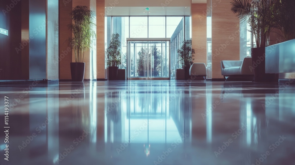 A modern lobby with polished floors, large windows, and greenery, creating an inviting atmosphere. A modern lobby with polished floors, large windows, and greenery, creating an inviting atmosphere.