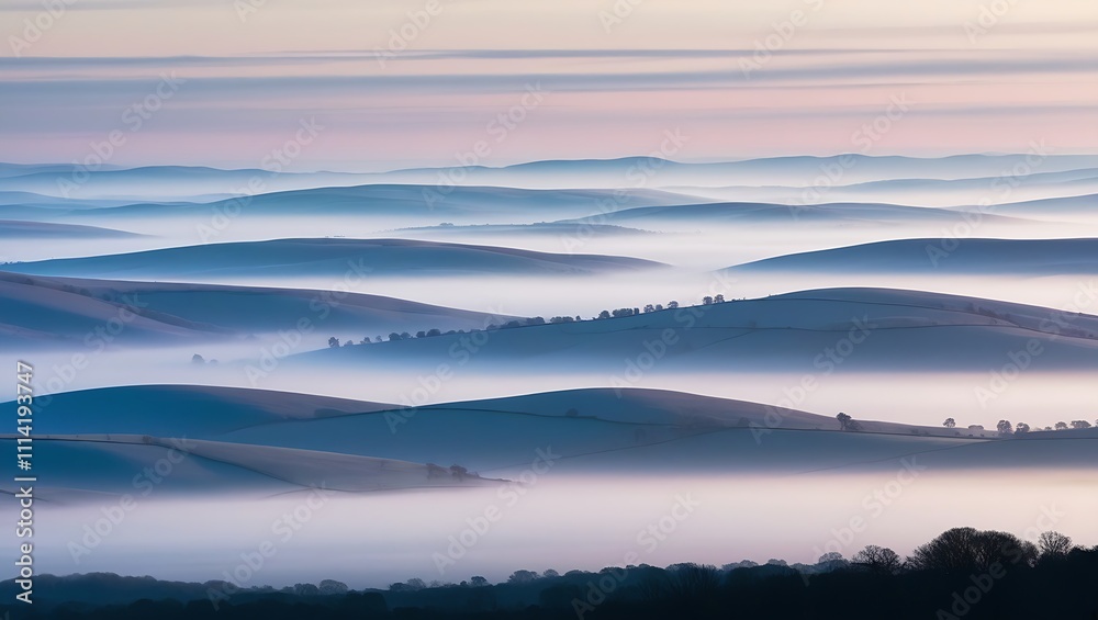 Fototapeta premium Panoramic view of misty rolling hills at dawn/dusk, featuring layered terrain in soft gradients of blue, purple, and pink under a pastel sky, evoking serenity.