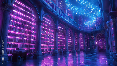 Enchanted Ancient Library Filled with Magical Glowing Books and Mystical Atmosphere, Perfect for Fantasy and Adventure Themes