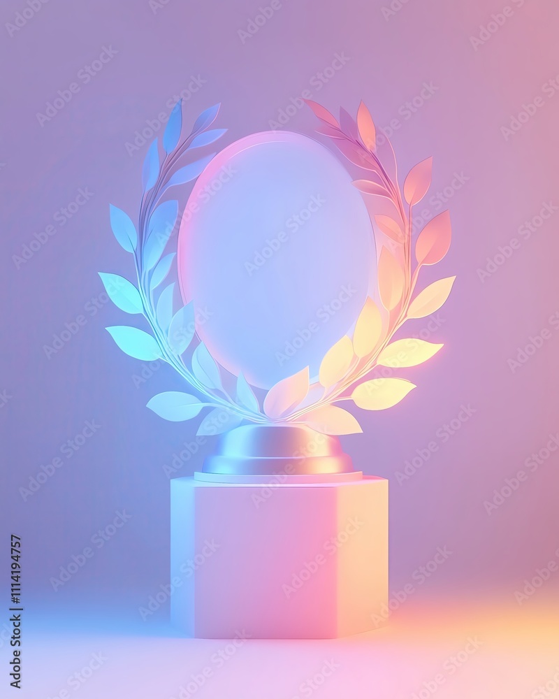 Pastel laurel, a clean 3D trophy with a pastel laurel wreath wrapping around it, subtly glowing under soft light, ample negative space for text Pastel laurel, a clean 3D trophy with a pastel laurel wreath wrapping around it, subtly glowing under soft light, ample negative space for text