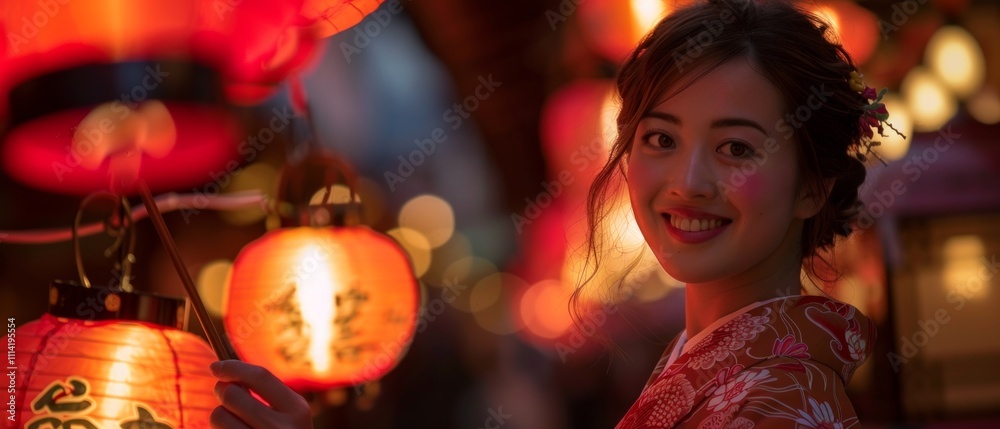 A smiling woman in red traditional attire holds a red lantern at a cultural event or festival. Surrounding red lanterns suggest a celebration in an Asian setting. A smiling woman in red traditional attire holds a red lantern at a cultural event or festival. Surrounding red lanterns suggest a celebration in an Asian setting.