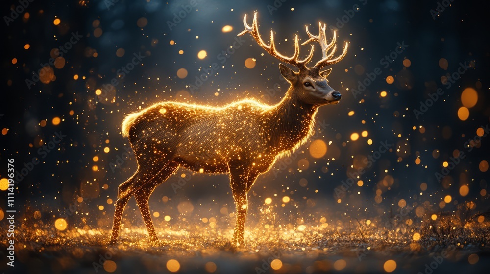 A beautiful golden deer silhouette with glowing particles, standing on the right side of an abstract blue background, glittering golden dust swirls and bokeh lights A beautiful golden deer silhouette with glowing particles, standing on the right side of an abstract blue background, glittering golden dust swirls and bokeh lights