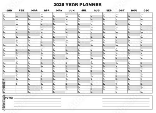 Planner for the year 2025, complete organizer with spaces for filling in and notes, gray markings for weekends. Great for A1 and A0 sizes