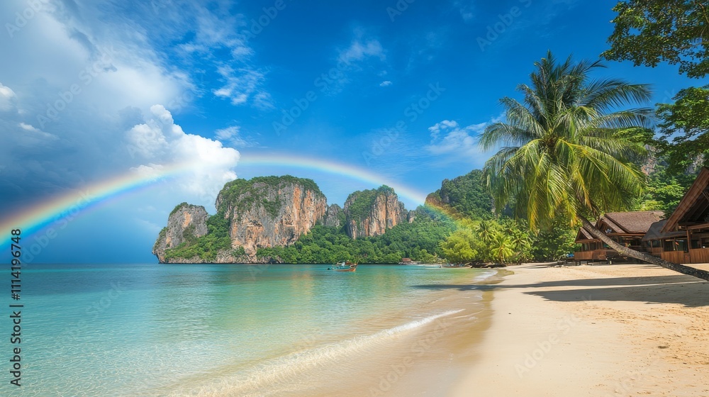 Fototapeta premium Vibrant Rainbow Over Serene Thai Island Paradise Post Rain Shower