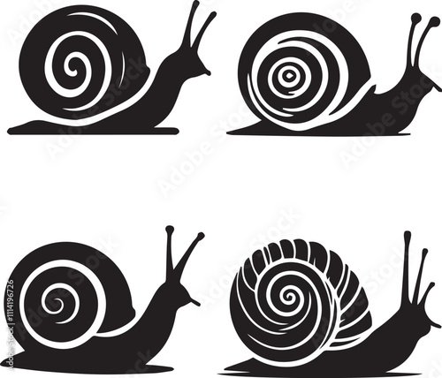 Snail Silhouette Icons - Black Nature and Slow-moving Creature Design Set