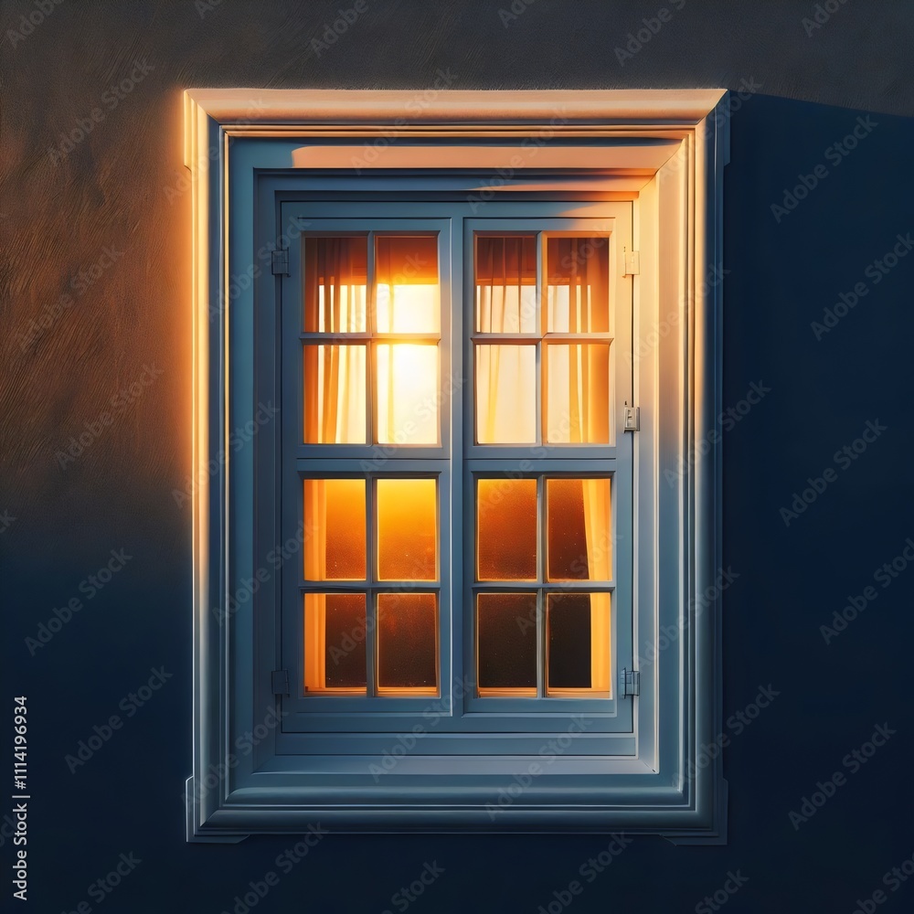Obraz premium Photograph of a white window with curtains, showing a sunset through the panes.