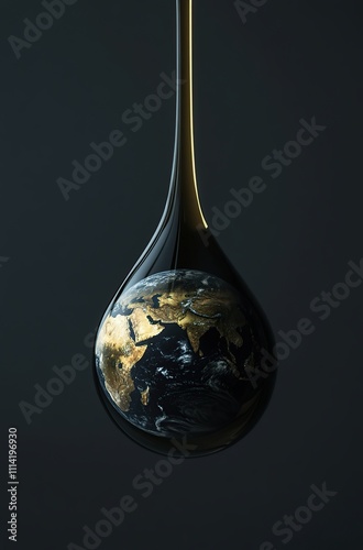 Striking image of Earth encased within a single drop of oil, symbolizing global impact and resource dependence. photo